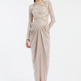 Long Sleeve Rhinestone Embroidered Draped Long Evening Dress