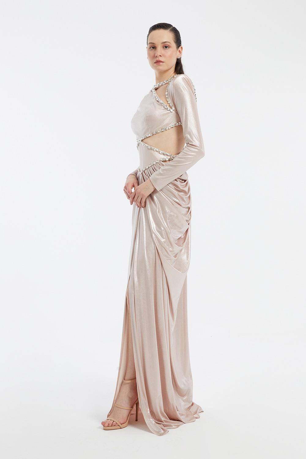 Long Sleeve Rhinestone Embroidered Draped Long Evening Dress