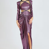 Long Sleeve Rhinestone Embroidered Draped Long Evening Dress