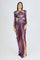 Long Sleeve Rhinestone Embroidered Draped Long Evening Dress