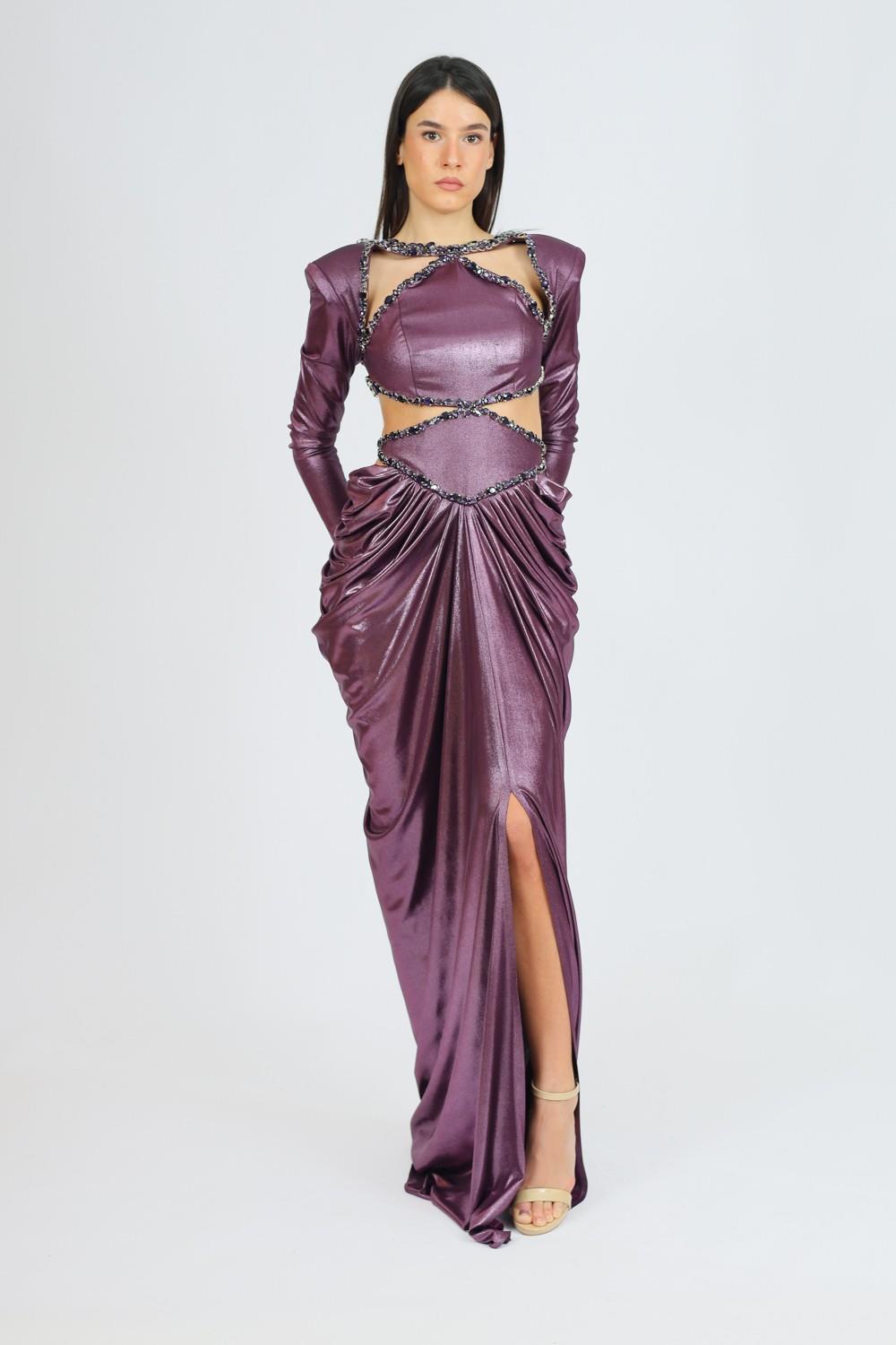 Long Sleeve Rhinestone Embroidered Draped Long Evening Dress