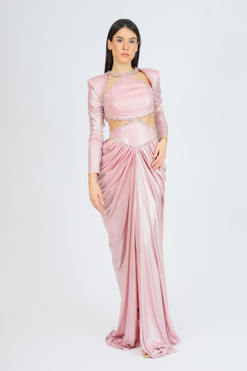 Long Sleeve Rhinestone Embroidered Draped Long Evening Dress - 3035C