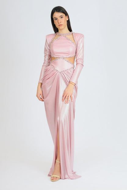 Long Sleeve Rhinestone Embroidered Draped Long Evening Dress - 3035C