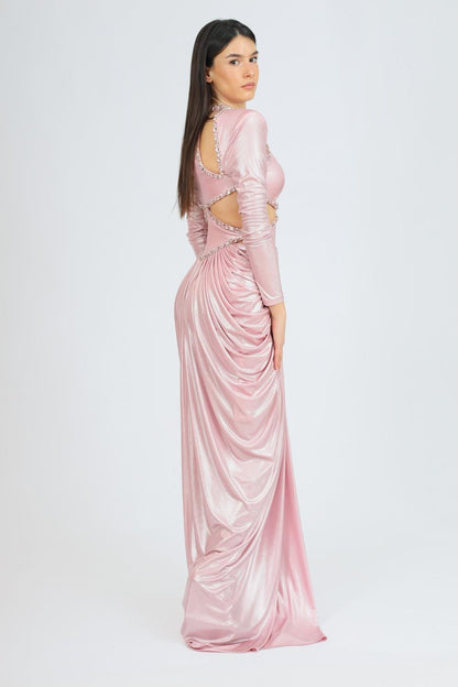 Long Sleeve Rhinestone Embroidered Draped Long Evening Dress - 3035C