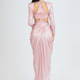 Long Sleeve Rhinestone Embroidered Draped Long Evening Dress