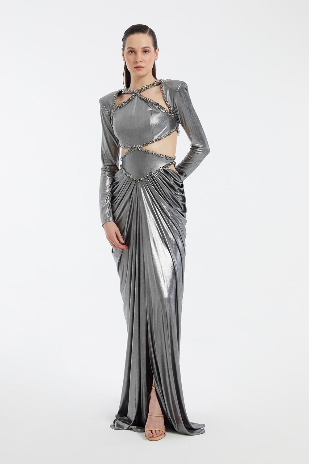 Long Sleeve Rhinestone Embroidered Draped Long Evening Dress