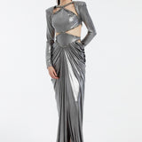 Long Sleeve Rhinestone Embroidered Draped Long Evening Dress