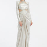 Long Sleeve Rhinestone Embroidered Draped Long Evening Dress