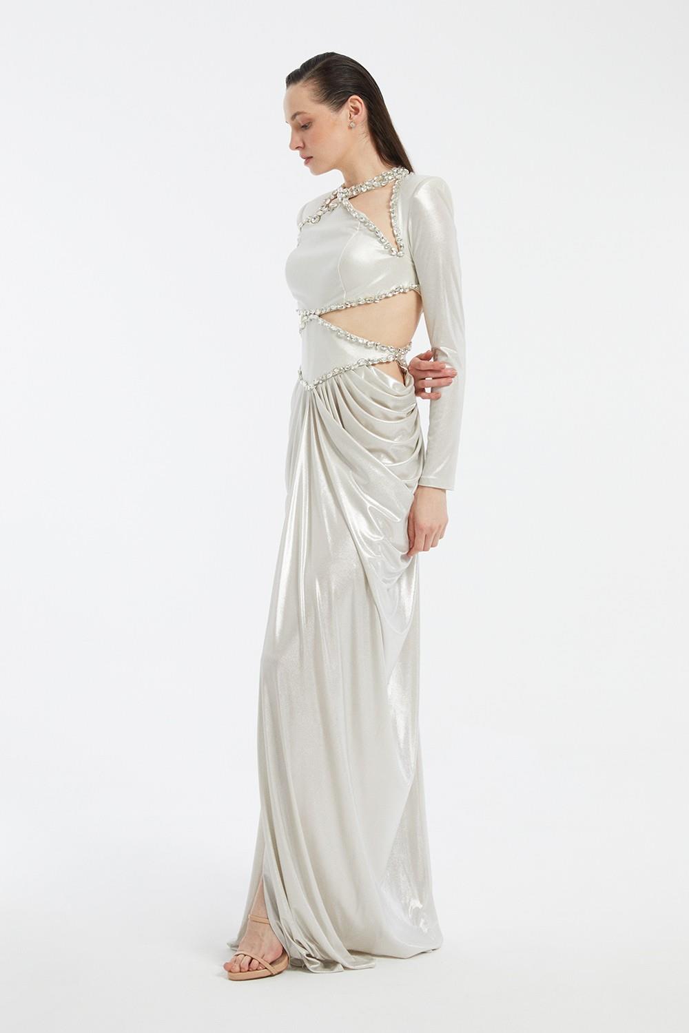 Long Sleeve Rhinestone Embroidered Draped Long Evening Dress