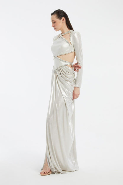 Long Sleeve Rhinestone Embroidered Draped Long Evening Dress - 3035C