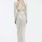 Long Sleeve Rhinestone Embroidered Draped Long Evening Dress