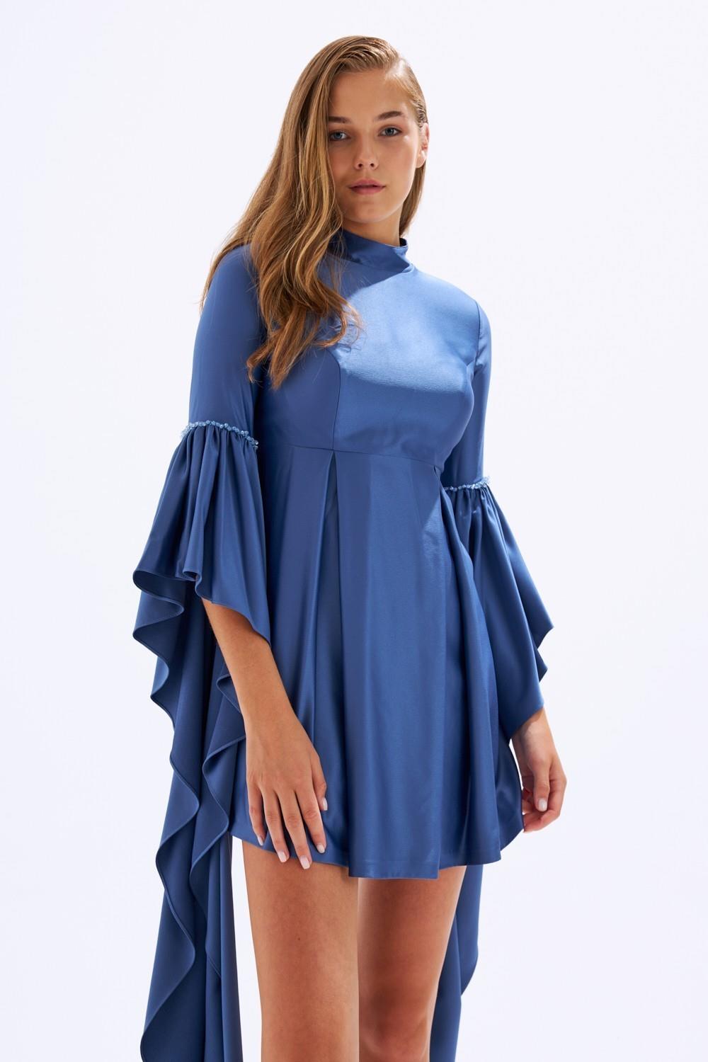 Satin Back Decollete Batwing Sleeve Short Evening Dress