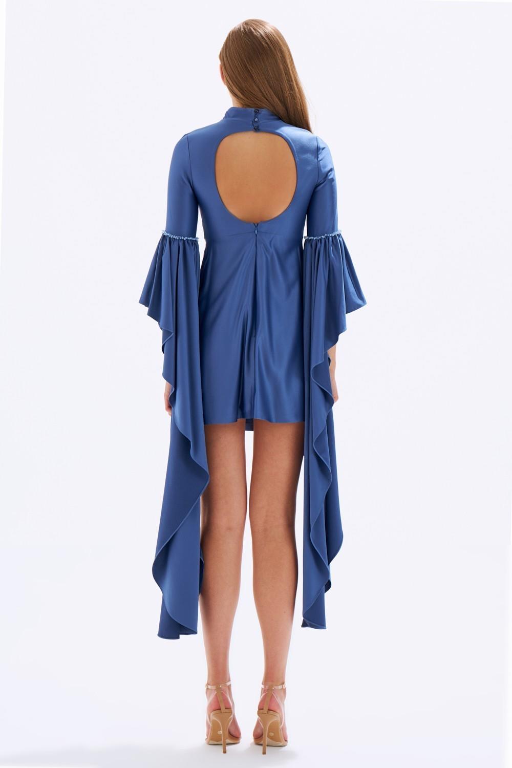 Satin Back Decollete Batwing Sleeve Short Evening Dress