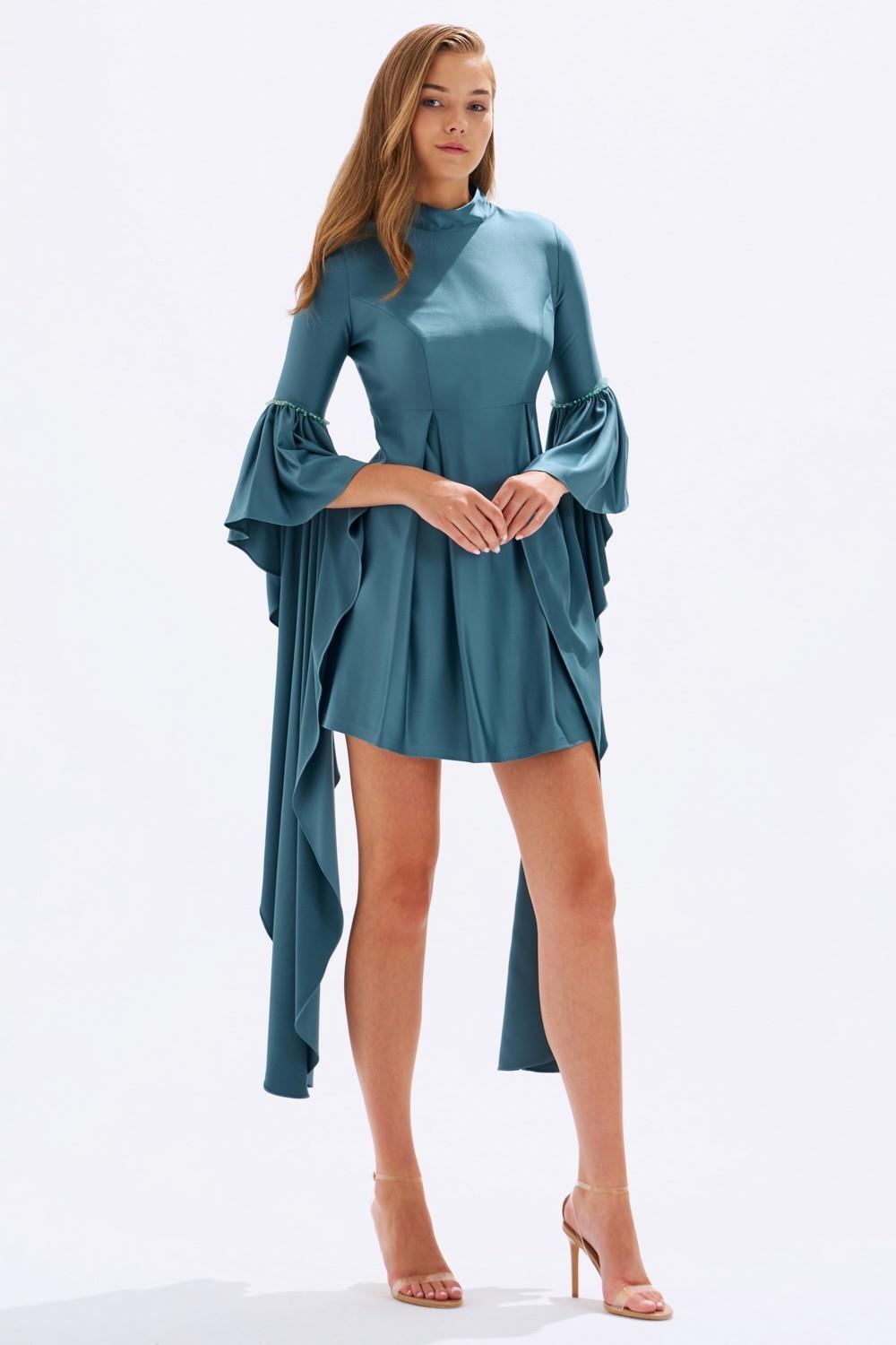 Satin Back Decollete Batwing Sleeve Short Evening Dress