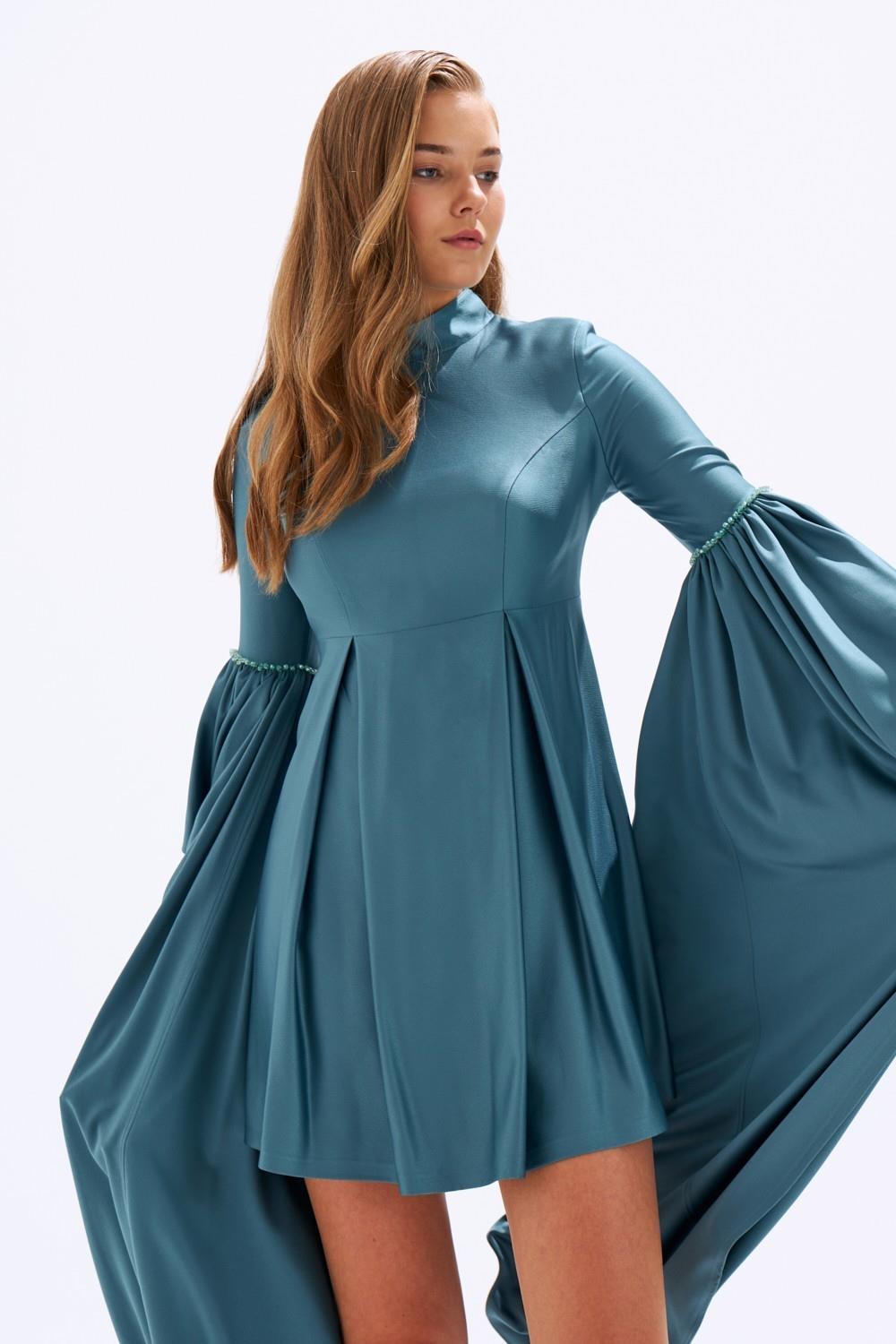 Satin Back Decollete Batwing Sleeve Short Evening Dress