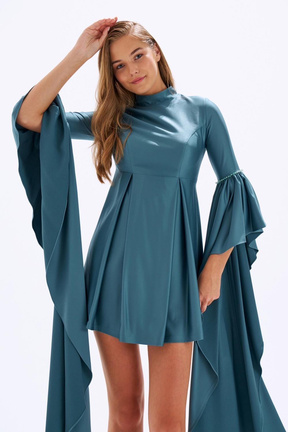 Satin Back Decollete Batwing Sleeve Short Evening Dress