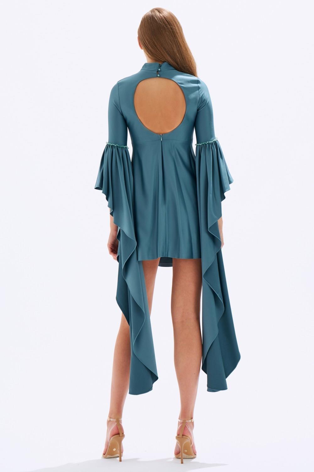 Satin Back Decollete Batwing Sleeve Short Evening Dress