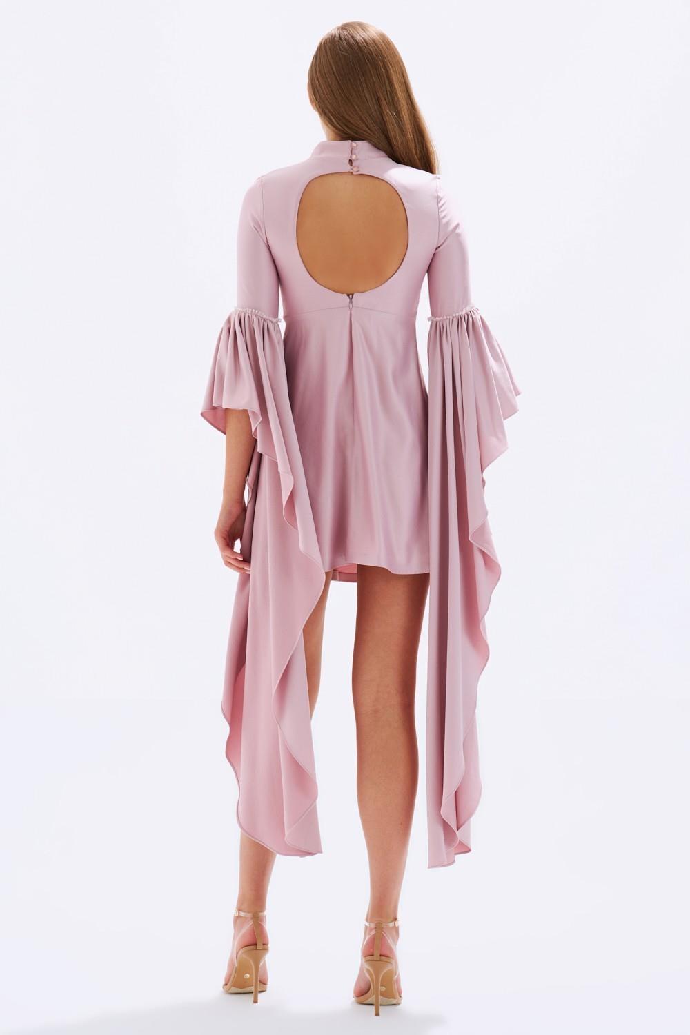 Satin Back Decollete Batwing Sleeve Short Evening Dress