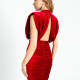 Low-Cut Back Detailed Sleeveless Short Velvet Evening Dress