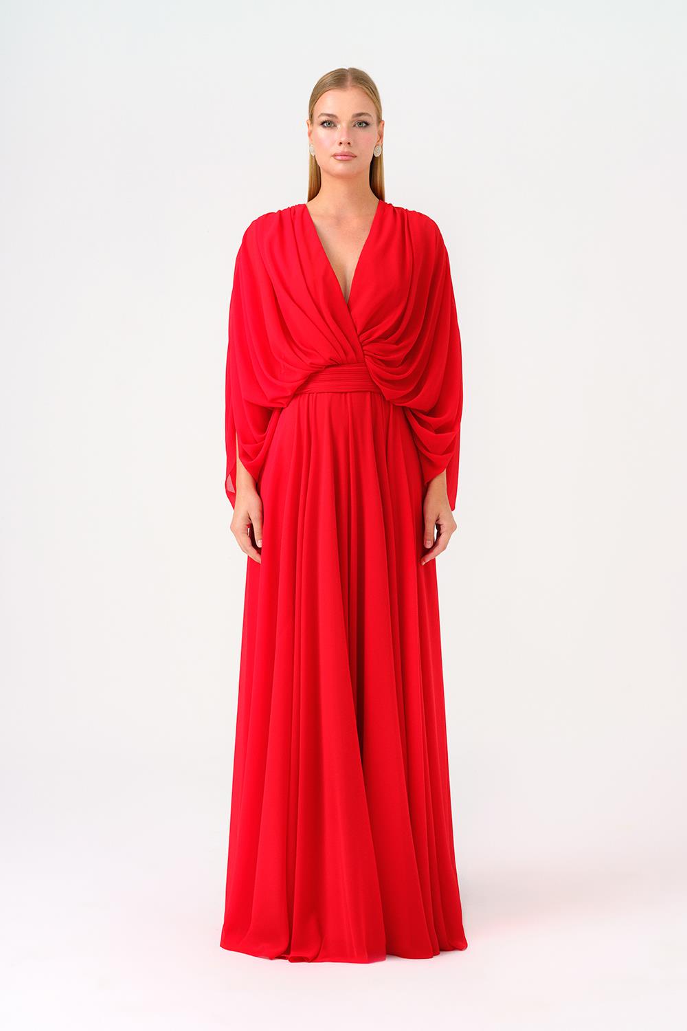 V-Neck Shirred Long Evening Dress