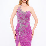 Mambo Asymmetrical Neck Slit Stone Evening Dress - 922MG203