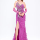 Mambo Asymmetrical Neck Slit Stone Evening Dress - 922MG203