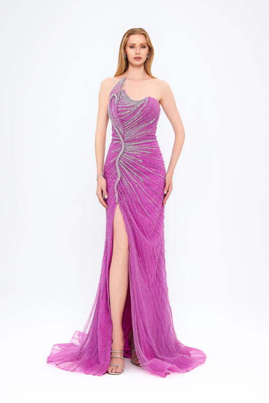 Mambo Asymmetrical Neck Slit Stone Evening Dress - 922MG203