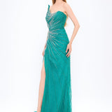 Mambo Asymmetrical Neck Slit Stone Evening Dress - 922MG203