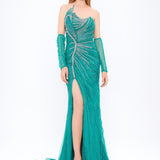 Mambo Asymmetrical Neck Slit Stone Evening Dress - 922MG203