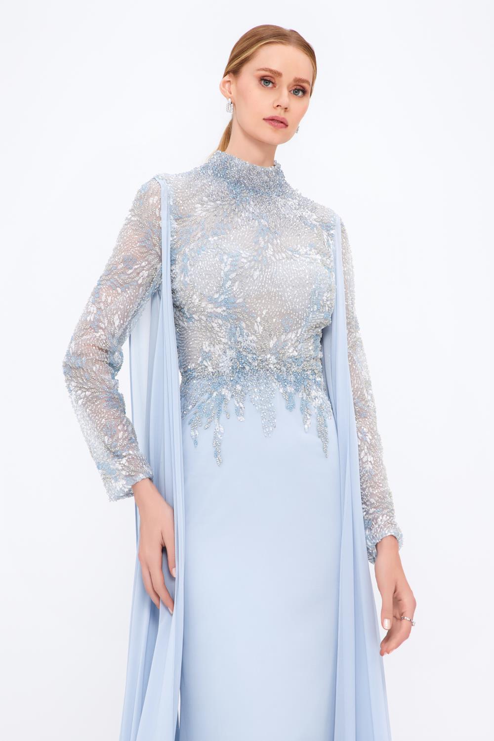 Mambo Long Sleeve Stand Collar Stoned Long Evening Dress - 917MG771