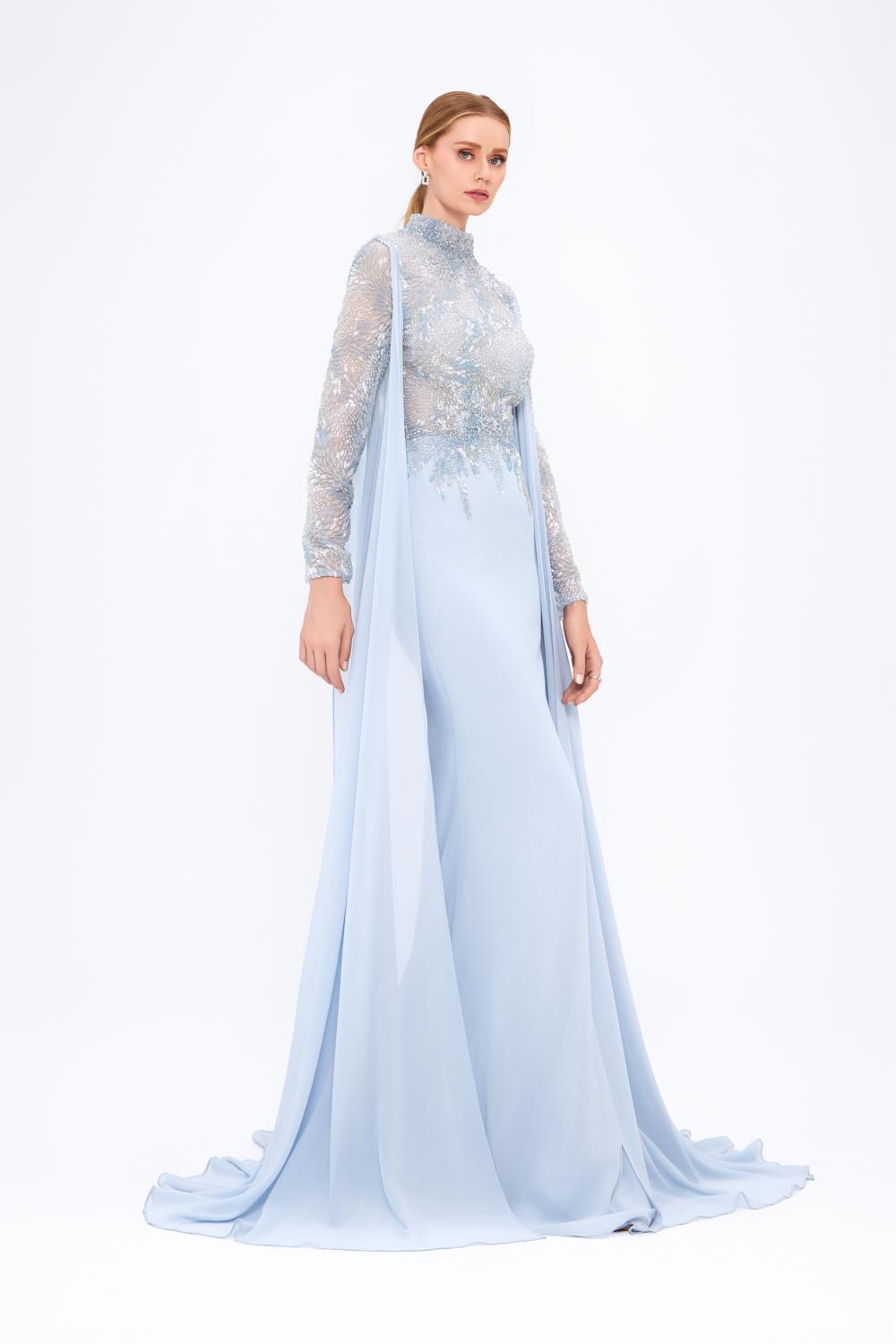 Mambo Long Sleeve Stand Collar Stoned Long Evening Dress - 917MG771