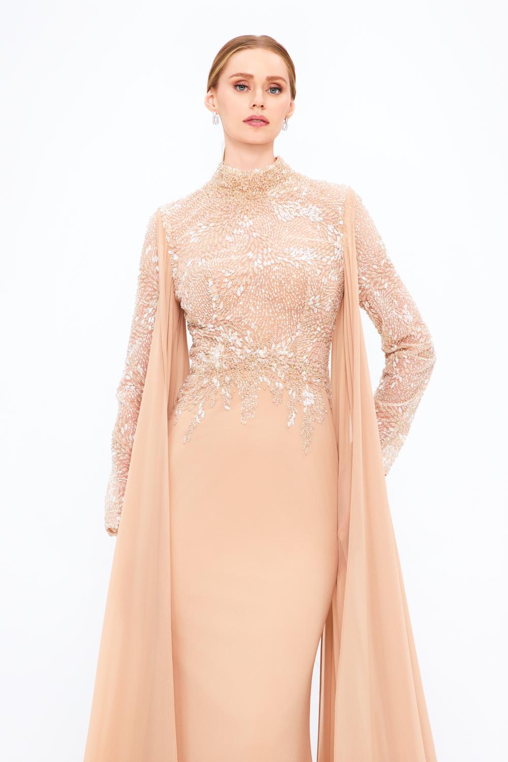 Mambo Long Sleeve Stand Collar Stoned Long Evening Dress - 917MG771