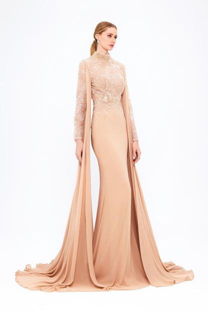 Mambo Long Sleeve Stand Collar Stoned Long Evening Dress - 917MG771