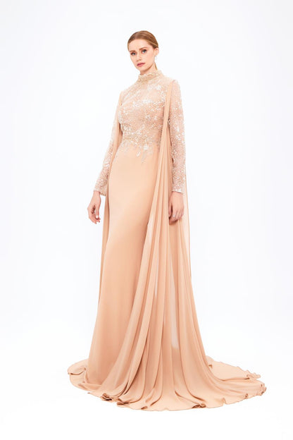 Mambo Long Sleeve Stand Collar Stoned Long Evening Dress - 917MG771