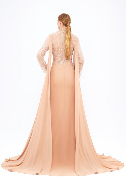 Mambo Long Sleeve Stand Collar Stoned Long Evening Dress - 917MG771