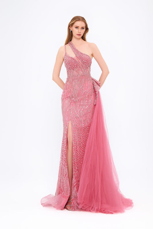 Mambo One Shoulder Slit Stone Evening Dress - 944MG921