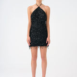 Mini Evening Dress with Neck Straps and Stones - 9186C