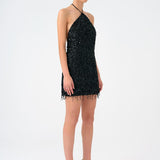 Mini Evening Dress with Neck Straps and Stones - 9186C