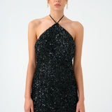 Mini Evening Dress with Neck Straps and Stones - 9186C