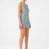 Mini Evening Dress with Neck Straps and Stones - 9186C