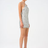 Mini Evening Dress with Neck Straps and Stones - 9186C