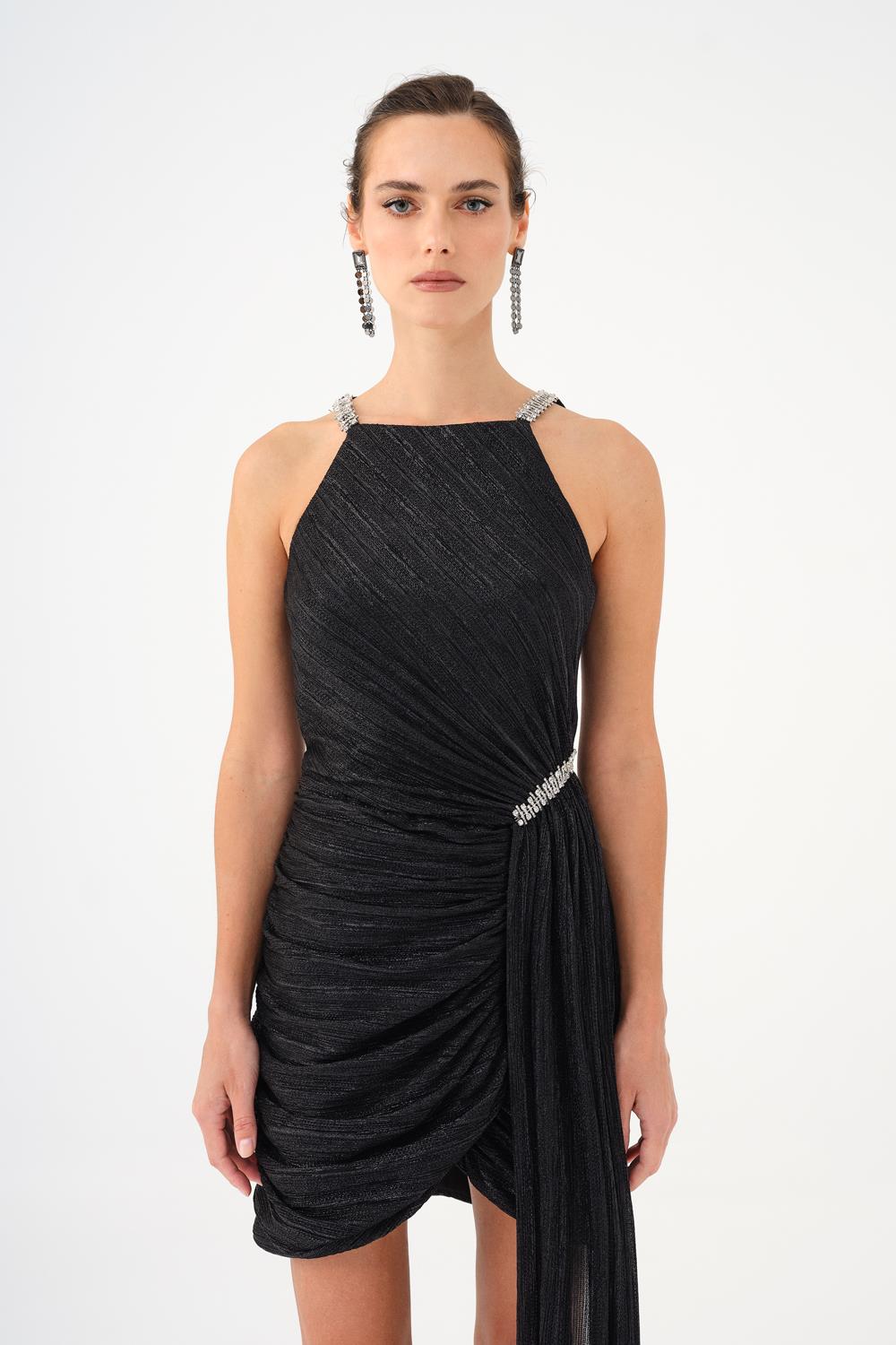 Mini Evening Dress with Stone Drape Detail