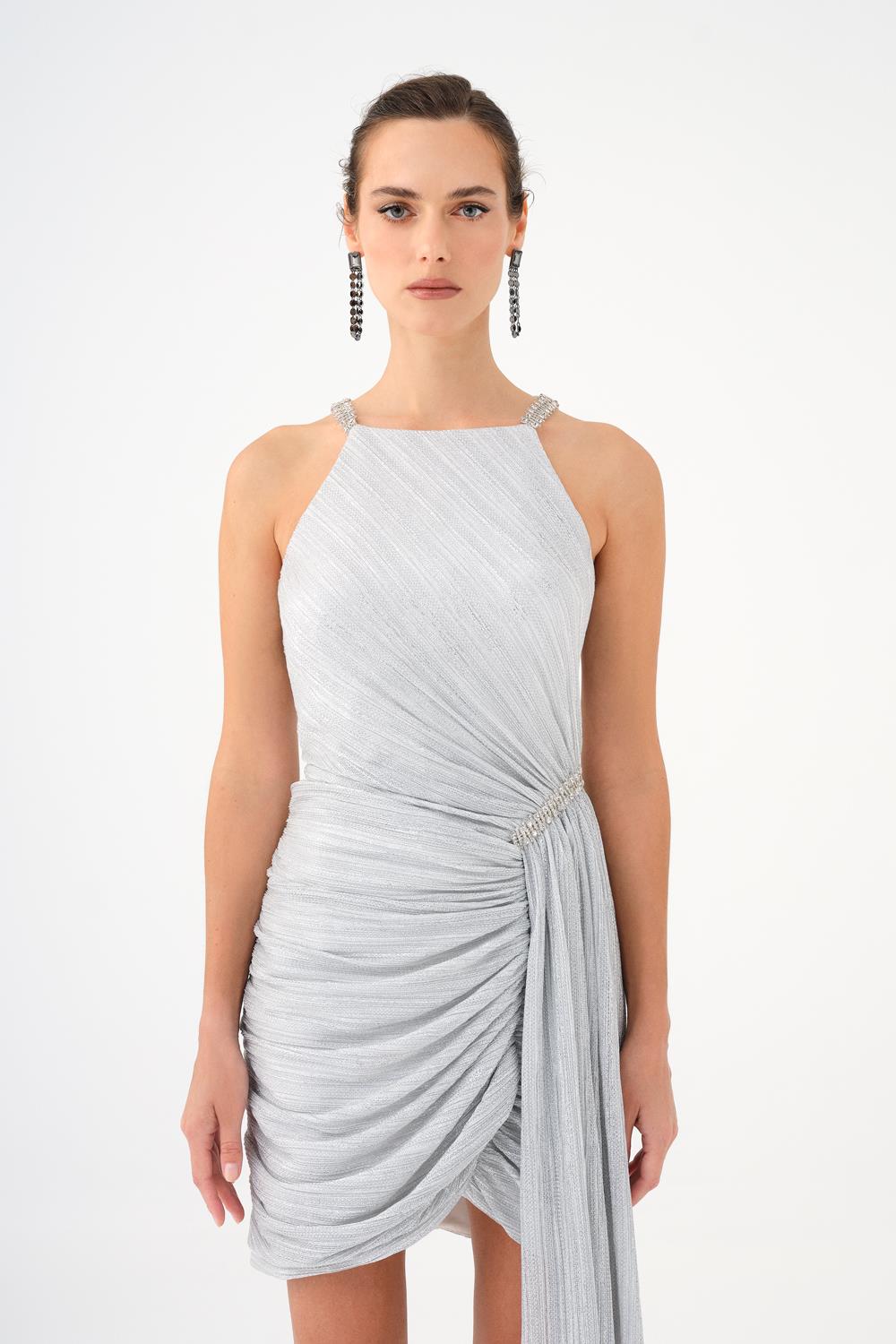 Mini Evening Dress with Stone Drape Detail