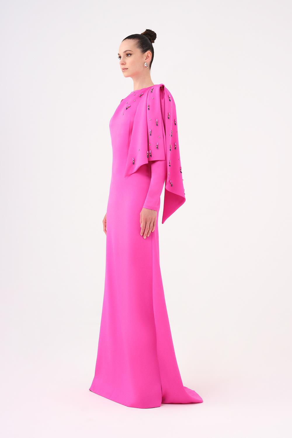 Narrow Cut Stone Embroidered Crepe Long Evening Dress