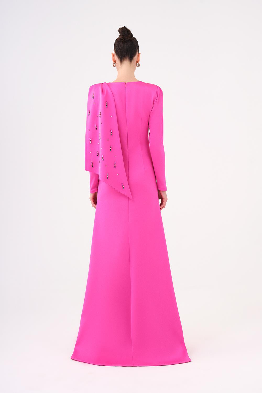 Narrow Cut Stone Embroidered Crepe Long Evening Dress