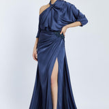 Neck Strappy Draped Slit Long Evening Dress - 2062