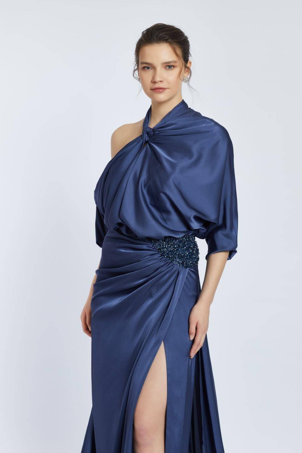 Neck Strappy Draped Slit Long Evening Dress