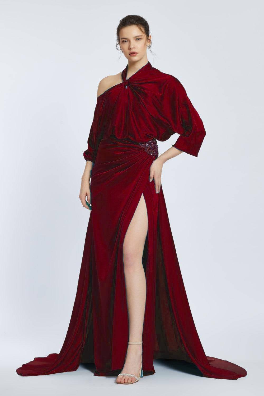 Neck Strappy Draped Slit Long Evening Dress