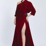 Neck Strappy Draped Slit Long Evening Dress