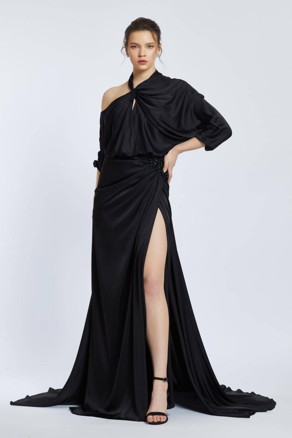 Neck Strappy Draped Slit Long Evening Dress